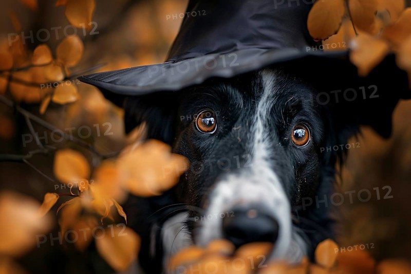 Close up of face of dog with Halloween costume witch hat between colorful autumn leaves. Generative AI, AI generated