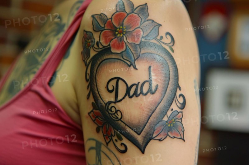 Red heart shaped tattoo with text 'Dad' on wpman's upper arm. KI generiert, generiert, AI generated