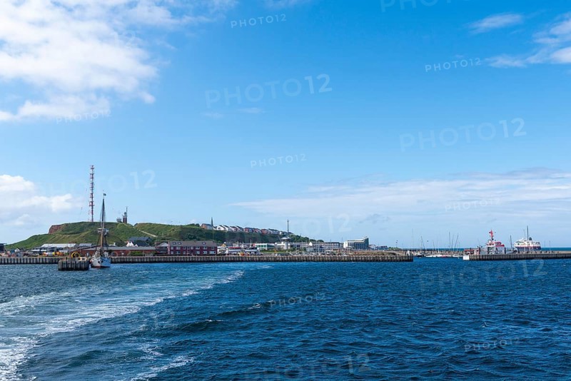 View from south-west to the offshore island Helgoland, harbour facilities, three-masted gaff schooner Elisabeth, cliff coast, Unterland and Oberland, radio tower, North Sea, district Pinneberg, Schleswig-Holstein, Germany, Europe