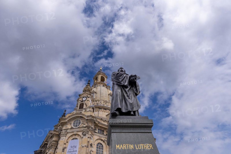 Martin Luther monument, behind it the Church of Our Lady, Dresden, Saxony, Germany, Europe