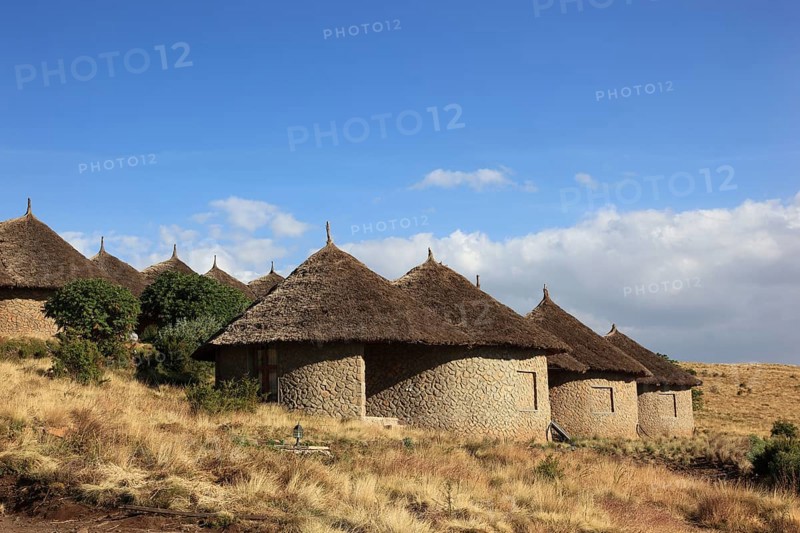In the highlands of Abyssinia, in the Semien Mountains, landscape in Semien Mountains National Park, Semien Lodge in the national park, Ethiopia, Africa