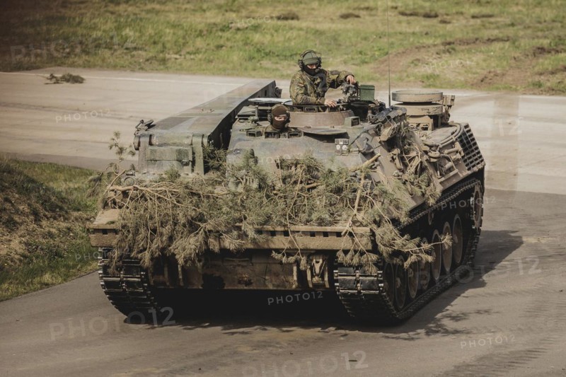 Büffel armoured recovery vehicle, photographed as part of a Bundeswehr exercise with armed forces from Norway and the Czech Republic during the 'Wettiner Schwert' exercise as part of Quadriga 2024 in the training town of Schnöggersburg, 8 April 2024