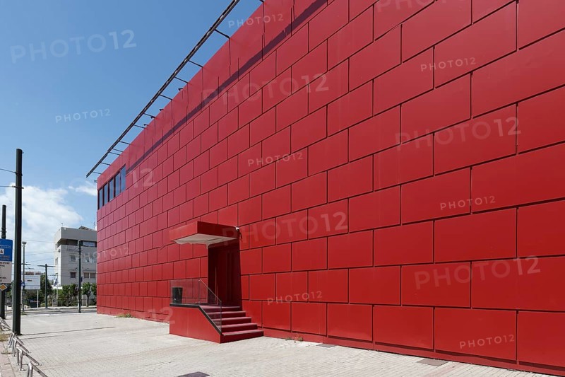 Façade with red panels made of high-pressure laminate, discotheque, nightclub on Piraeus Street, Gazi district, Athens, Greece, Europe