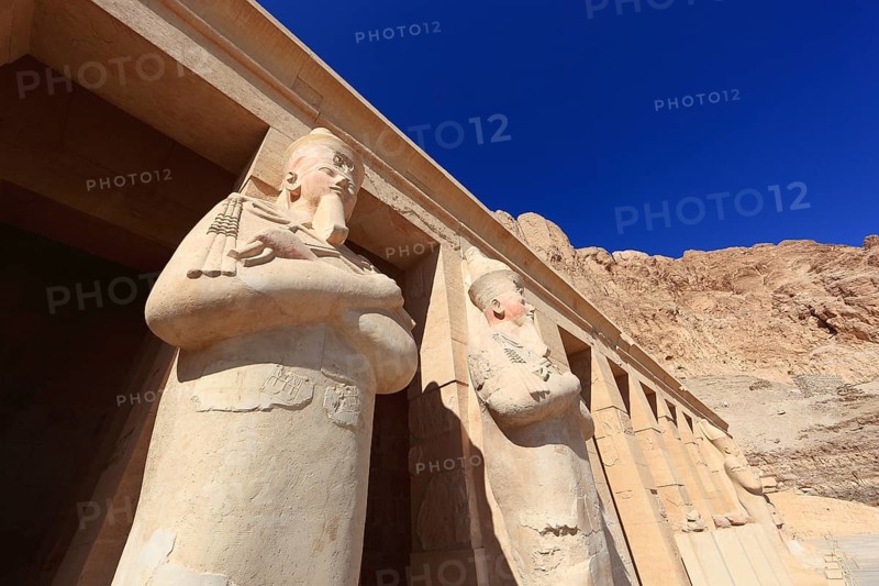 Part of the temple complex, statues of Hatshepsut at the mortuary temple of Hatshepsut, Hatshepsut is the best preserved temple in Deir el-Bahari on the west bank of the Nile in Thebes, Africa, Egypt, Upper Egypt, Africa