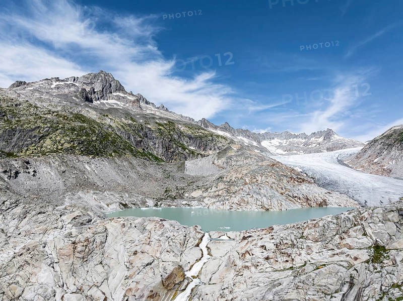 Rhone glacier, valley glacier in the headwaters of the Rhone in the Swiss Alps. Melting glacier, the glacier is getting smaller and smaller. Drone photo. Obergoms, Canton Valais, Switzerland, Europe