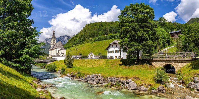 Church of St Sebastian in the Bavarian Alps Panorama in Ramsau near Berchtesgaden, Germany, Europe