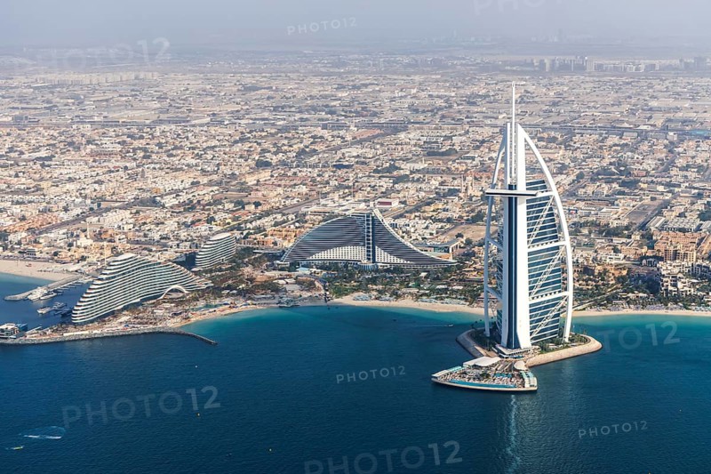 Dubai Burj Al Arab luxury hotel aerial view aerial view by the sea from above in Dubai, United Arab Emirates, Asia