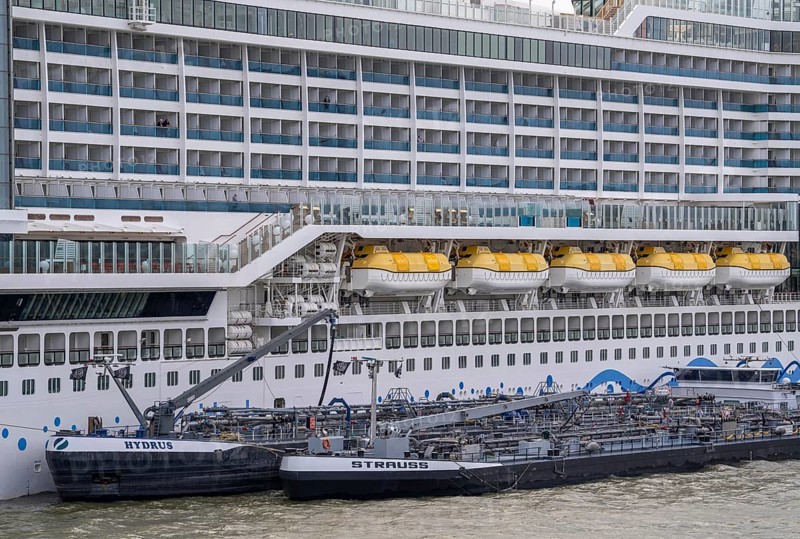 The cruise ship AIDA Prima is refuelled, moored at the Cruise Terminal Rotterdam, Netherlands