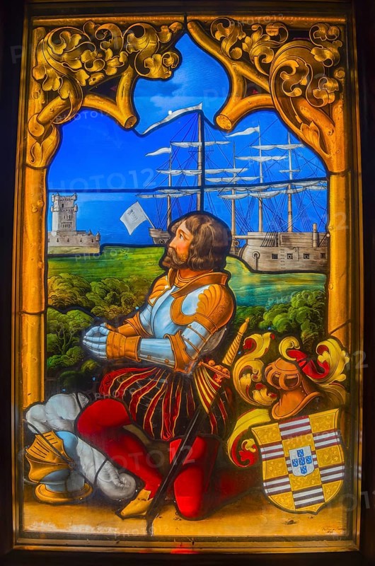 Stained glass window shows a knight in armour with a sailing ship and castles in the background, Palácio Nacional da Pena, Pena National Palace, Sintra, Lisbon, World Heritage Site, UNESCO, Portugal, Europe