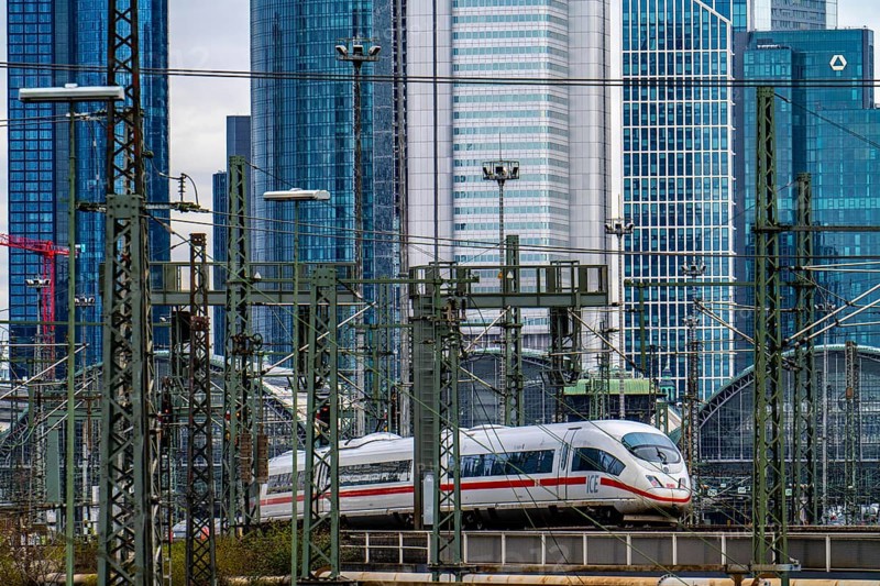 ICE train on the track in front of the main station of Frankfurt am Main, Skyline, Hesse, Germany, Europe