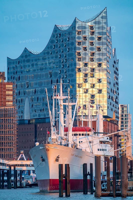 Port of Hamburg, museum ship Cap San Diego at the St. Pauli Landungsbrücken, Elbe Philharmonic Hall, Hamburg, Germany, Europe