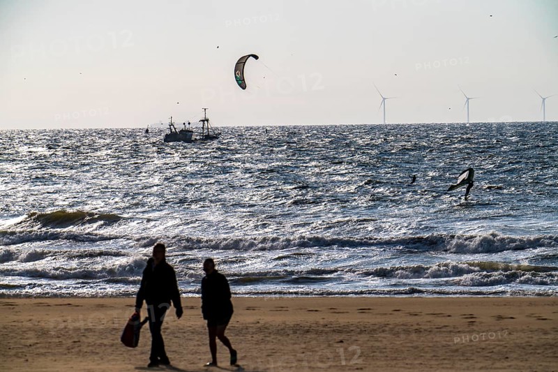 Kitesurfers and shrimp boats off the coast of Scheveningen, walkers on the beach, The Hague, Netherlands