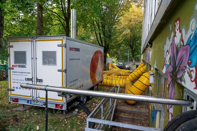 Water damage restoration, dehumidification, after flooding of a building, vacuum drying, indoor swimming pool in Essen-Werden, heavily flooded by the Ruhr flood in July 2021, drying system, mobile heating