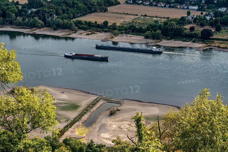 The Rhine at extremely low water, near Bad Honnef, below the Drachenfels, Nonnenwerth Island, dry Rhine banks, cargo ship, tanker, travelling upstream, with very reduced cargo, North Rhine-Westphalia, Germany, Europe