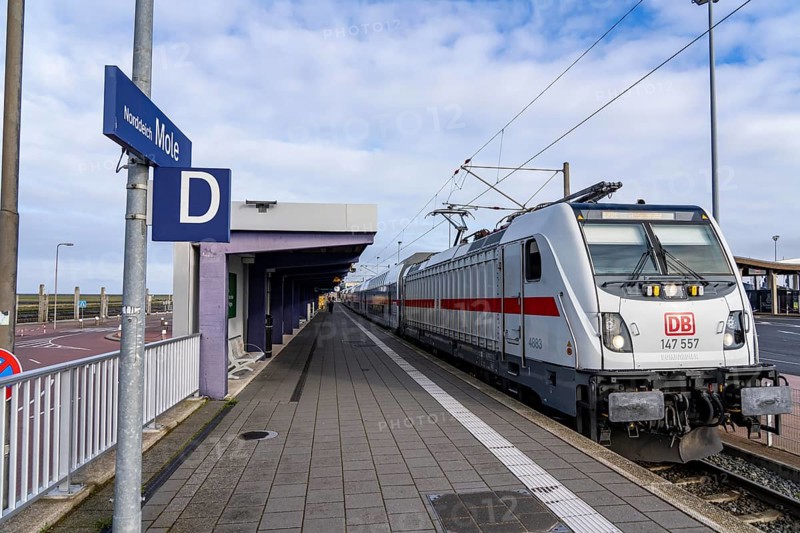 Norddeich-Mole railway station, at the ferry landing stage to the East Frisian islands of Norderney and Juist, IC railway station, Lower Saxony, Germany, Europe