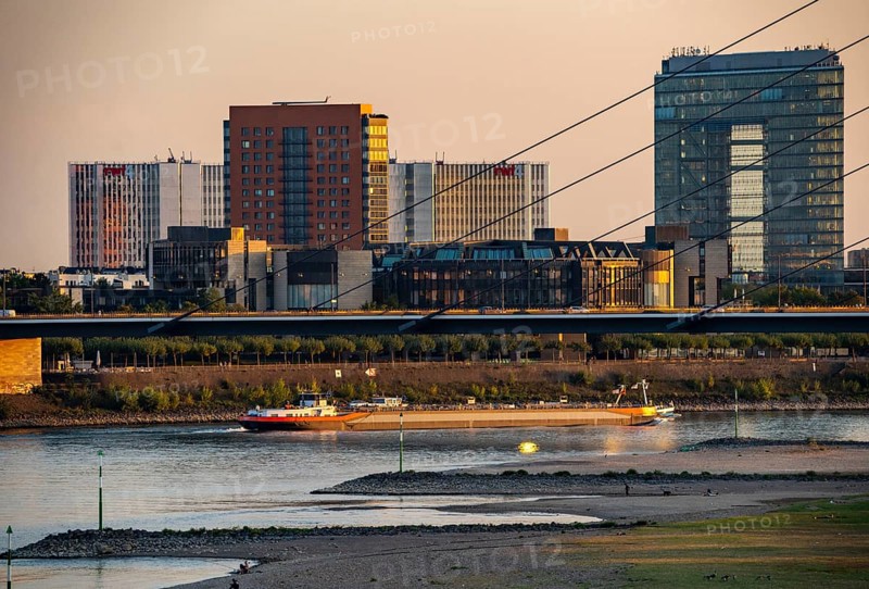 Skyline of Düsseldorf on the Rhine, skyscrapers, rwi4 building complex, city gate, Oberkassler Bridge, Düsseldorf, North Rhine-Westphalia, Germany, Europe