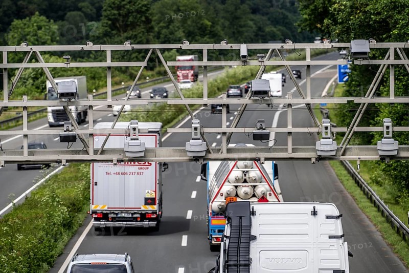 Sensors on a toll bridge, for recording motorway tolls, on the A43 motorway near Dülmen, Münsterland, North Rhine-Westphalia, Germany, Europe