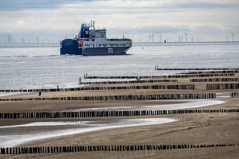 The DFDS cargo ferry Begonia Seaways, loaded with lorry trailer and new cars, leaves the Westerschelde into the North Sea near Zoutelande Netherlands, on its way from Ghent in Belgium to Gothenburg, Sweden, breakwater on the beach, offshore wind farm in, Europe