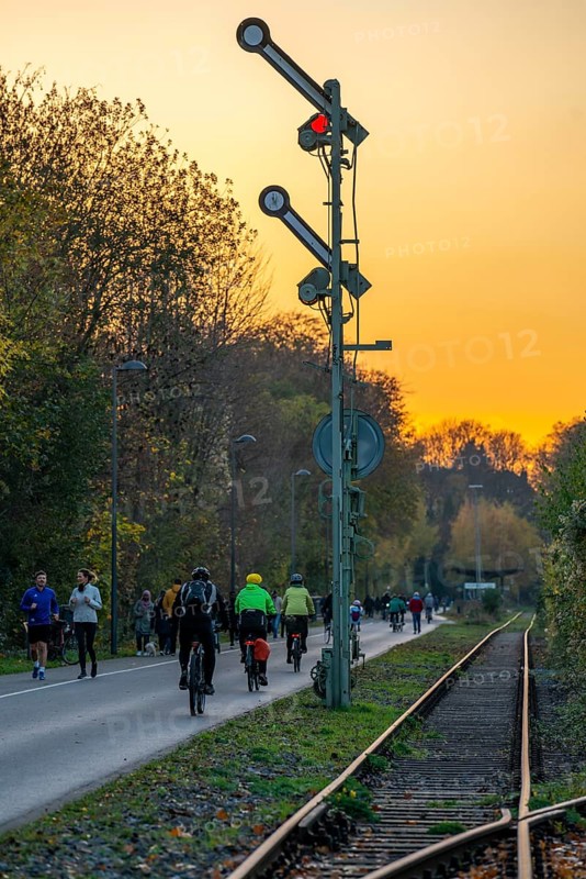 The Nordbahntrasse, a cycle path, footpath, on a former 22 KM long railway line, along the west-east axis of Wuppertal, on the northern slope, with many tunnels, viaducts and views of the city, old signalling system, Wuppertal, North Rhine-Westphalia, Germany, Europe