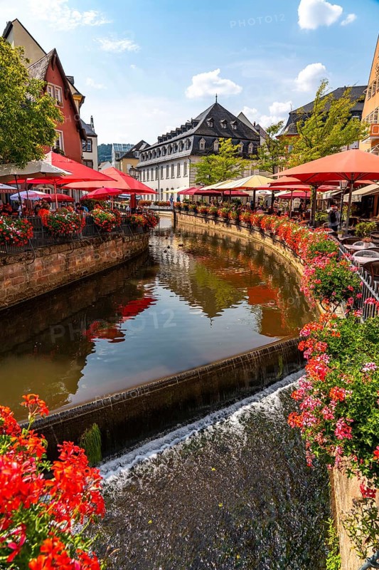 The place Saarburg, at the Saar, at the market, gastronomy at the brook Leuk, waterfall, tired into the Saar, gastronomy Rhineland-Palatinate, Germany, Europe