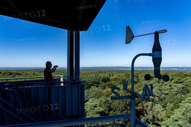 Fire watch tower on the Rennberg, near Flaesheim, Haltern am See, in the Haard forest area, one of 3 fire watch towers in the region, manned from April to October in dry weather conditions, part of the fire monitoring system, North Rhine-Westphalia, Germany, Europe