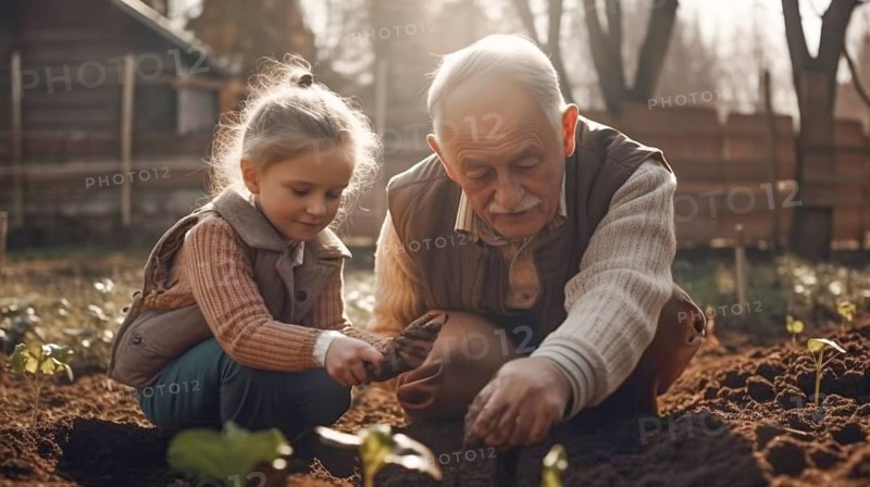Elderly grandfather planting some spring plants with his granddaughter in the garden, generative AI, AI generated