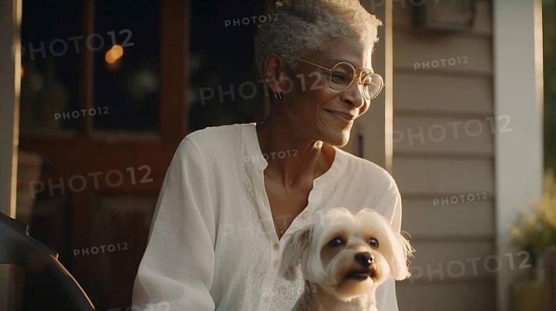 Attractive happy african american elderly woman on her porch holding her maltese puppy, generative AI, AI generated