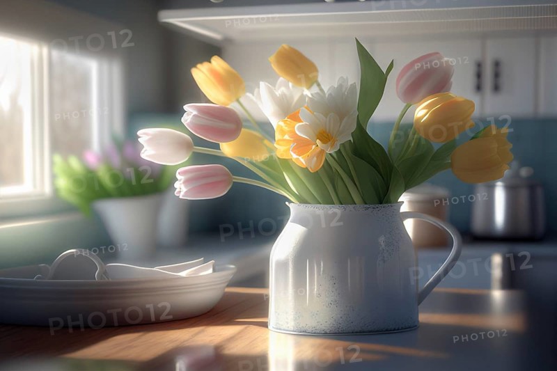 Vase of colorful spring tulip flowers on the counter in kitchen, generative AI, AI generated