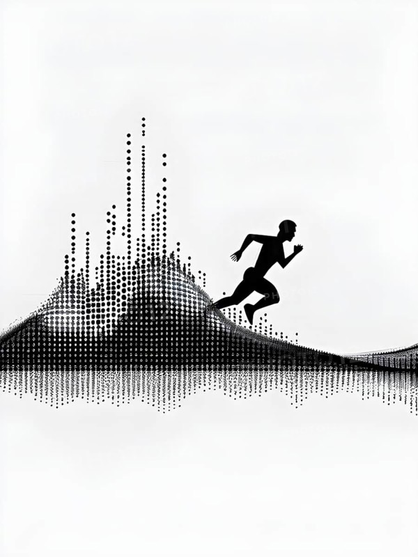 Wave of data points shaping into a runners silhouette, abstract illustration in black and white, conveying speed and precision guided by AI, AI generated