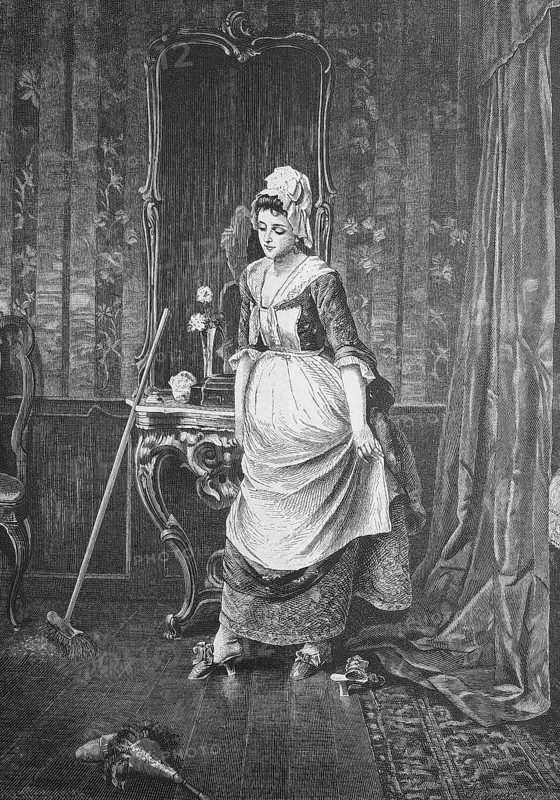 Domestic servant secretly trying on her mistress's slippers, A woman in period dress leans against a table in an old-fashioned room where a broom lies, Historic, digitally restored reproduction from a 19th century original, c. 1890, Record date not stated
