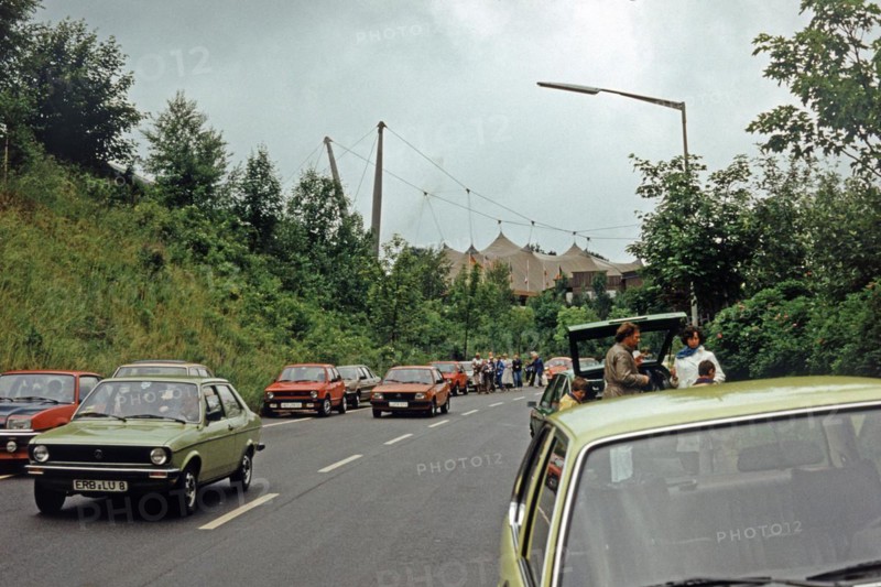 Parked cars, Karl May Festival, open-air theatre Elspe, Sauerland, North Rhine-Westphalia, Germany, June 1982, vintage, retro, old, historic, Europe