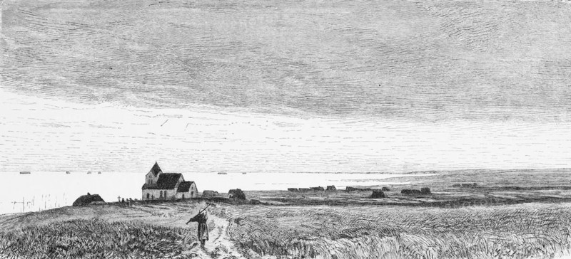 View of the Halligen, North Frisia, North Sea, Schleswig-Holstein, Germany, horizon, church, grain, fields, woman, sandy path, historical illustration 1880, Europe