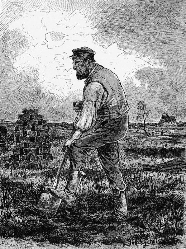 Farmer cutting peat, East Frisia, Lower Saxony, moor, work, spade, stack, house, plants, laborious, Germany, historical illustration 1880, Europe