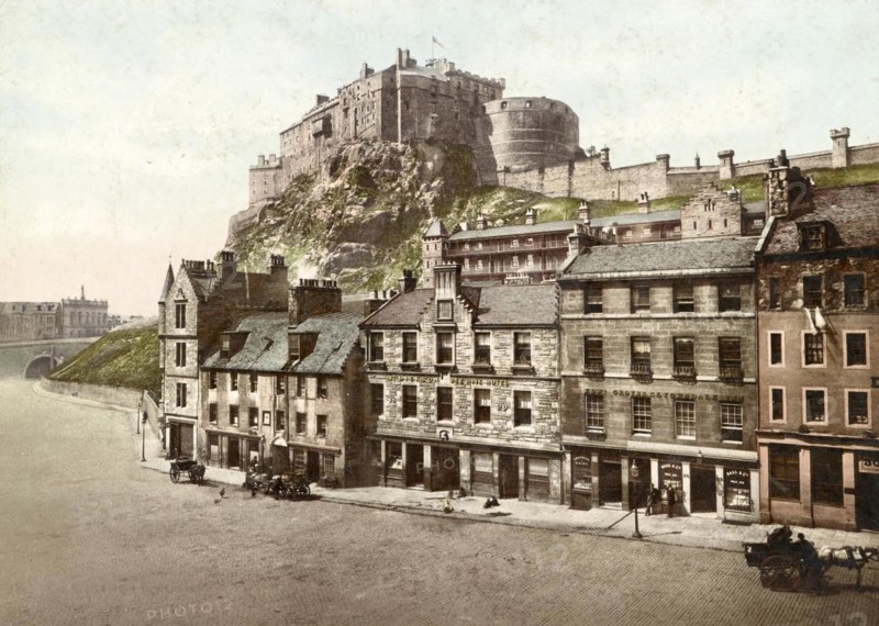 Edinburgh Castle, from Grassmarket, Scotland, c. 1890, Historic, digitally restored reproduction from a 19th century original