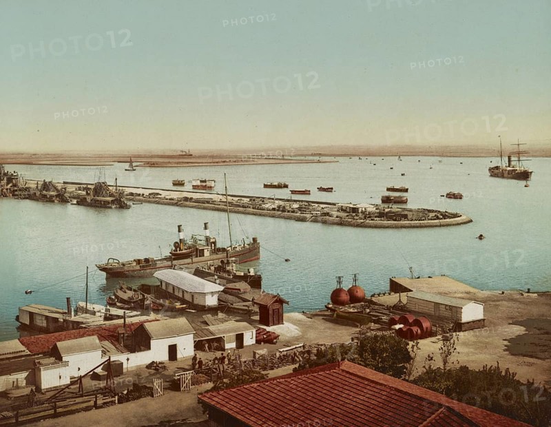 Port Tewfic, Entrance to the Suez Canal, Egypt, Historical, digitally restored reproduction from a 19th century original, Record date not stated, Africa