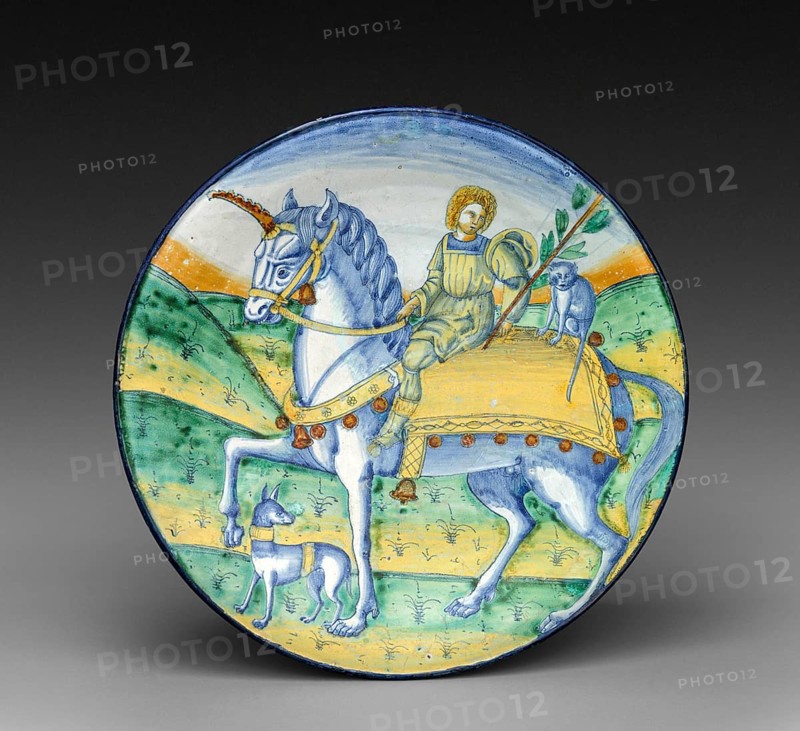 Plate, Man riding a unicorn, circa 1510, circle by Jacopo Caffagiolo Italy . Tin-glazed earthenware, maiolica, Historic, digitally restored reproduction from a 19th century model, Record date not stated