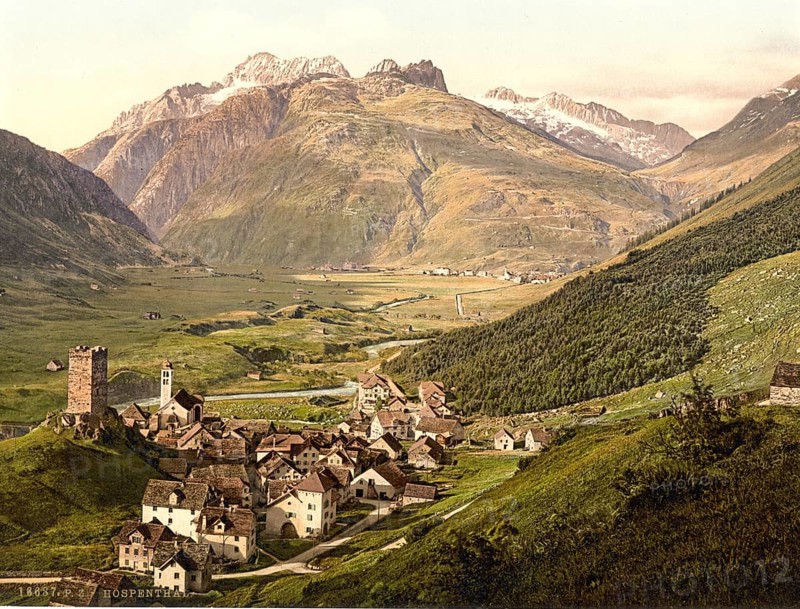 Furka Pass, Hospenthal, general view, Bernese Oberland, Switzerland, Historic, digitally restored reproduction from a 19th century original, Record date not stated, Furka Pass, general view, Bernese Oberland, Switzerland, Historic, digitally restored reproduction from a 19th century original, Record date not stated, Europe