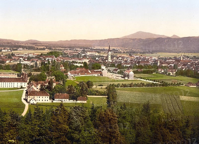Klagenfurt from Kreuzberg, Carinthia, Austro-Hungary, now Austria, digitally restored reproduction from a 19th century original, record date not stated, Klagenfurt from Kreuzberg, Carinthia, Austro-Hungary, now Austria, digitally restored reproduction from a 19th century original, record date not stated
