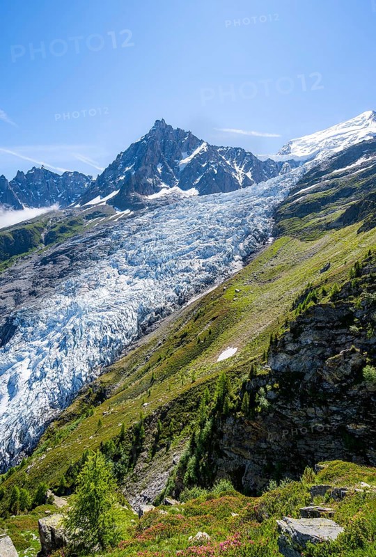 Mountain landscape with glacier Glacier des Bossons and summit of the Aiguille du Midi, Chamonix, Haute-Savoie, France, Europe