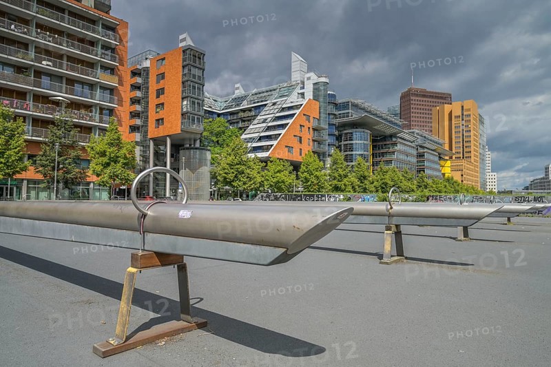 Disused seesaws, residential buildings, office buildings, Tilla-Durieux-Park, Potsdamer Platz, Tiergarten, Mitte, Berlin, Germany, Europe