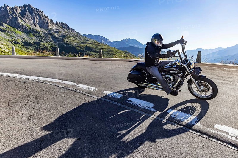 A favourite leisure activity for motorcyclists is a tour over winding Alpine passes. Furka Pass, Realp, Canton Uri, Switzerland, Europe