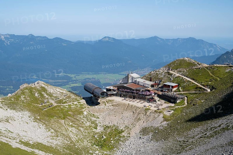 Nature information centre Bergwelt Karwendel, museum, telescope, mountain restaurant, mountain station of the Karwendelbahn, Karwendel Mountains, Mittenwald, Werdenfelser Land, Upper Bavaria, Bavaria, Germany, Europe