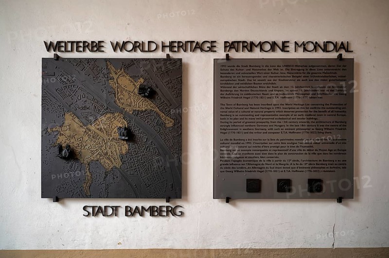 Commemorative plaque, sign, World Heritage Bamberg, World Heritage, Patrimone Mondial, Bamberg, Upper Franconia, Bavaria, Germany, Europe