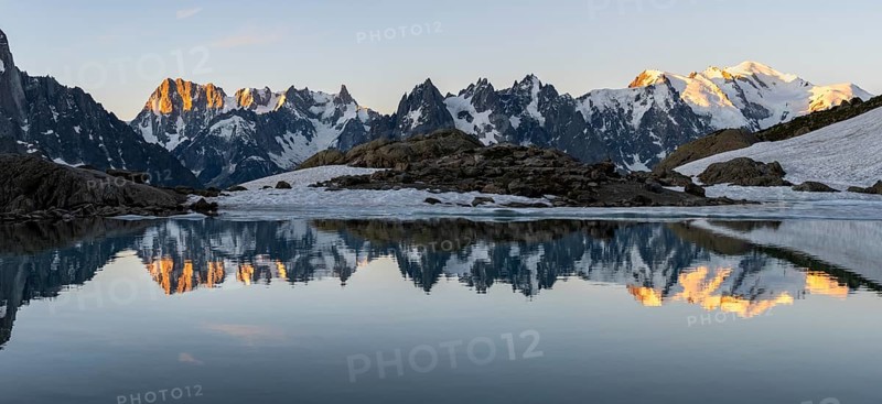 Morning atmosphere, mountain landscape at sunrise, water reflection in Lac Blanc, mountain peak, Aiguille Verte, Grandes Jorasses, Aiguille du Moine, Mont Blanc, Mont Blanc massif, Chamonix-Mont-Blanc, Haute-Savoie, France, Europe