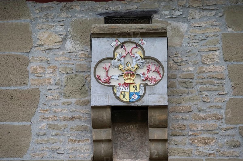 Coat of arms above the midday gate of the medieval town fortifications, Iphofen, Lower Franconia, Bavaria, Germany, Europe