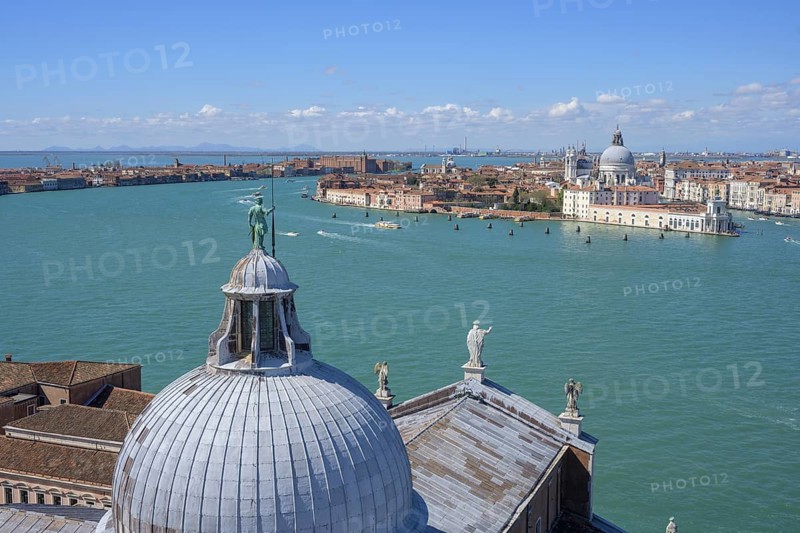 View from the tower of the church of San Giorgio Maggiore to the church of Santa Maria della Salute, Venice, Metropolitan City of Venice, Italy, Europe