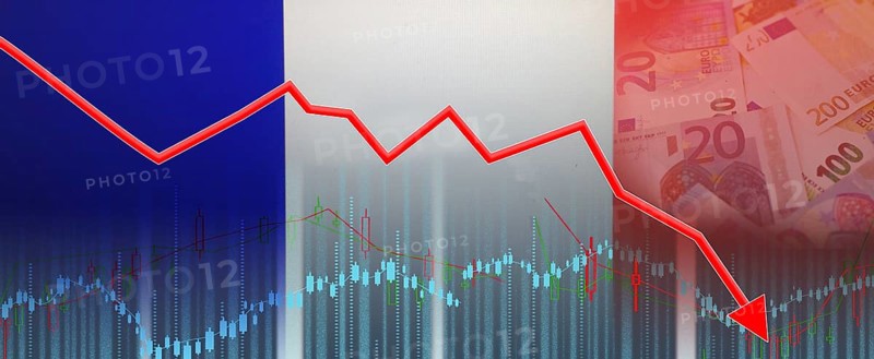 France financial crisis on economic graph, economic collapse. Financial fall of the French economy on financial graph