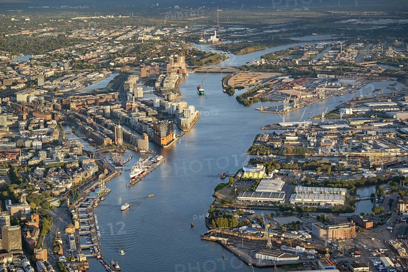 Aerial view of the port of Hamburg with Elbe, Elbe Philharmonic Hall, Speicherstadt, harbour city, container terminals, jetties, dry dock and floating dock, Hamburg, Germany, Europe