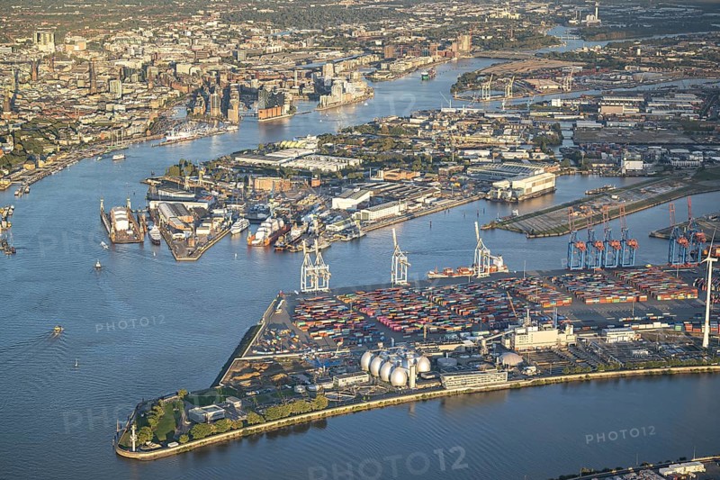 Aerial view of the port of Hamburg with Elbe, Elbe Philharmonic Hall, Speicherstadt, harbour city, container terminals, jetties, dry dock and floating dock, Hamburg, Germany, Europe