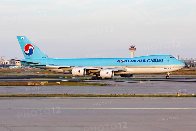 A Boeing 747-8F aircraft of Korean Air Cargo with the registration number HL7617 at the airport in Frankfurt, Germany, Europe